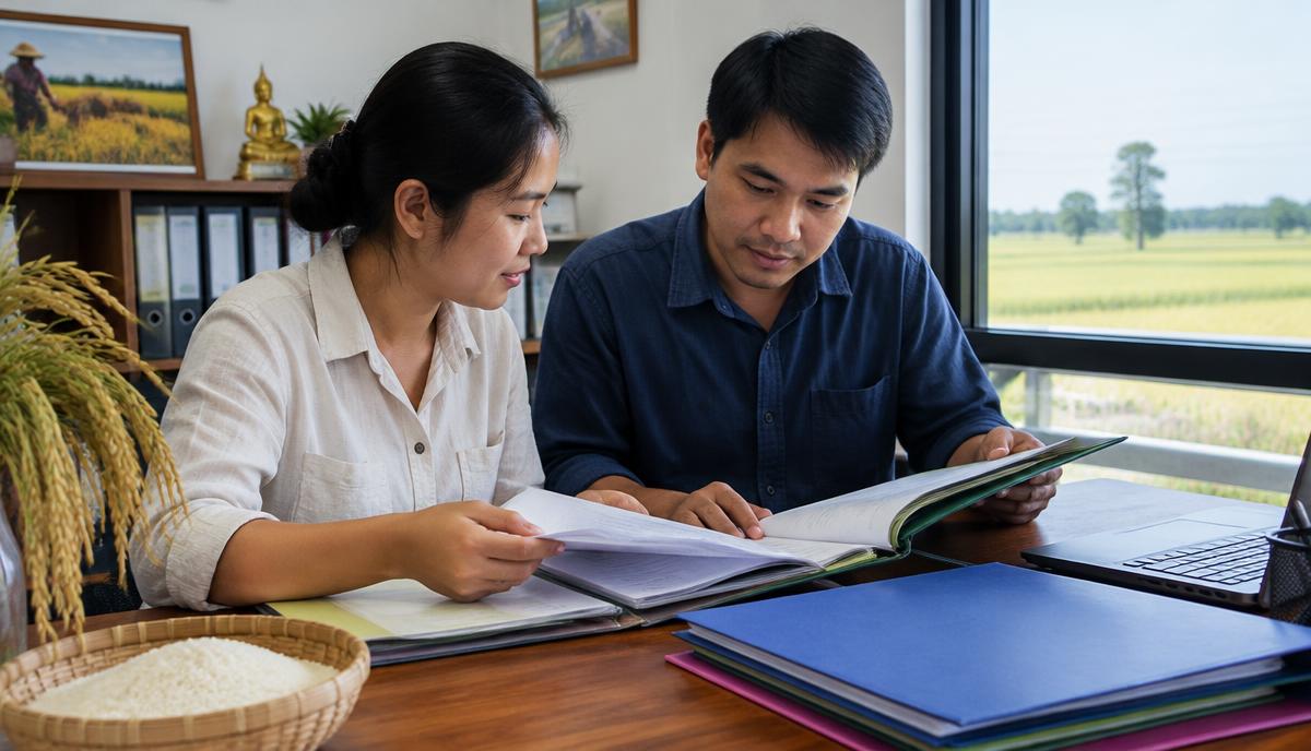 คู่สามีภรรยาผู้ส่งออกข้าวหอมมะลิในร้อยเอ็ดตรวจแฟ้มเอกสารร่วมกัน