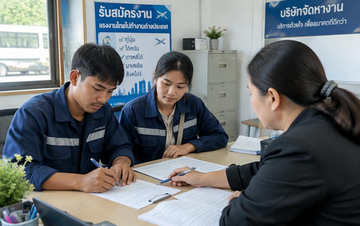 Thai workers signing employment paperwork with a recruitment agency officer