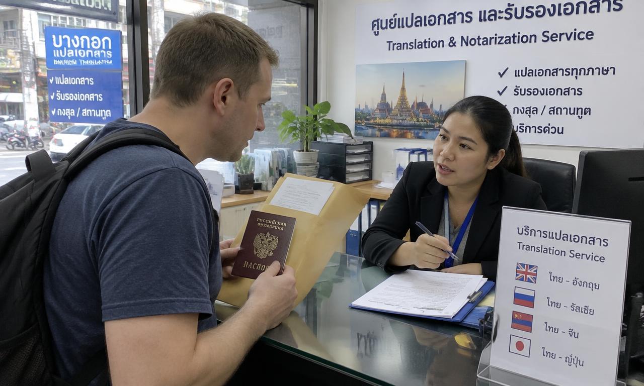 Россиянин с паспортом и конвертом документов у стойки бюро переводов в Бангкоке