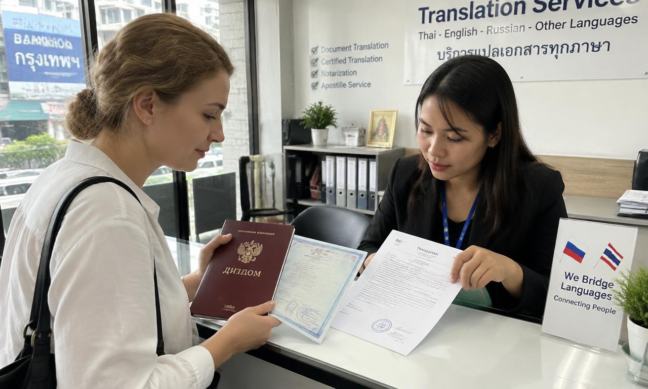 Россиянка с дипломом и переведёнными документами у стойки бюро переводов в Бангкоке