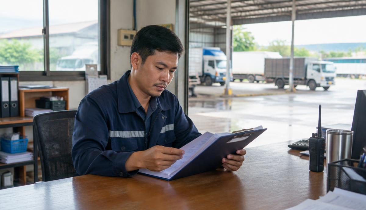 ผู้จัดการโลจิสติกส์ในสระแก้วตรวจเอกสารบนคลิปบอร์ดในสำนักงานโกดัง