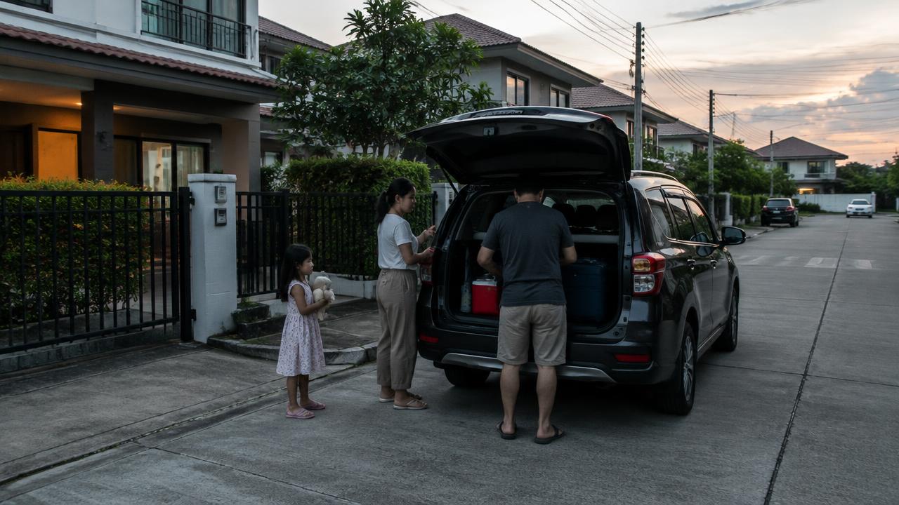 ครอบครัวพ่อแม่ลูกกำลังขนของขึ้นรถหน้าบ้านในหมู่บ้านจัดสรร ยามเย็น