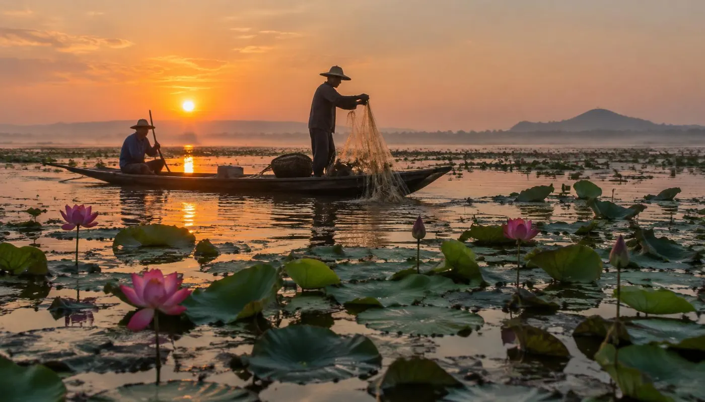 ชาวประมงเหวี่ยงแหบนเรือไม้กลางหนองน้ำที่มีดอกบัวยามพระอาทิตย์ขึ้น