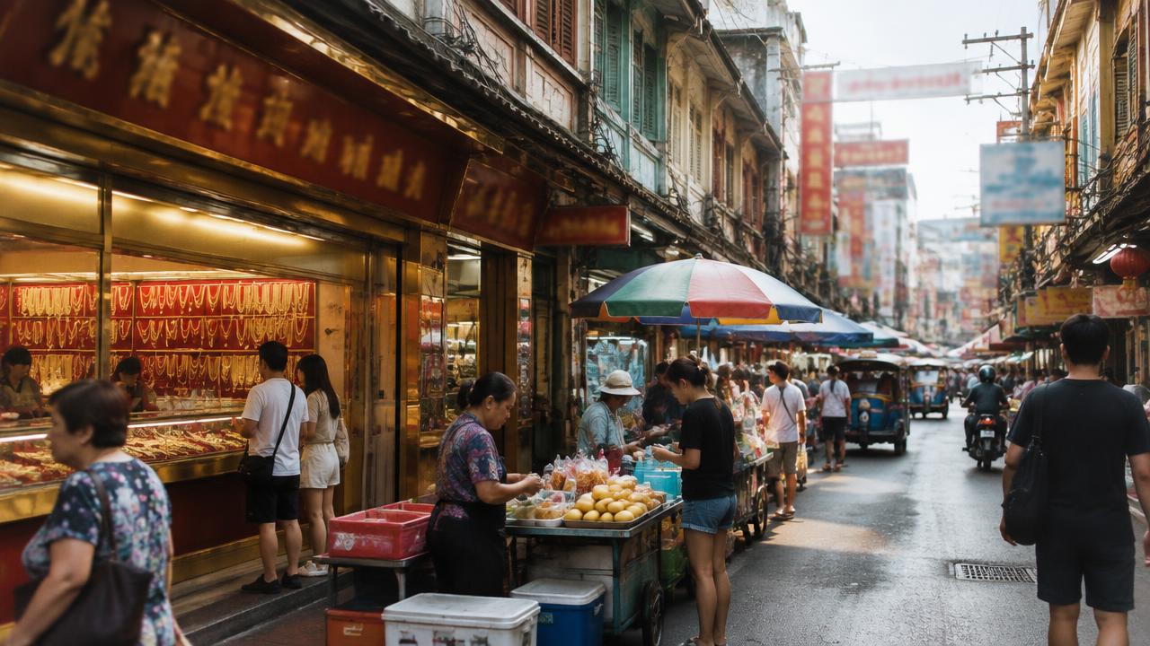 ถนนย่านเยาวราช เขตสัมพันธวงศ์ ร้านทองและรถเข็นขายของริมทาง ตึกแถวเก่าสองฝั่ง