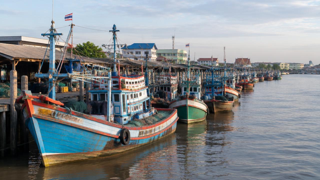 เรือประมงหลากสีจอดเรียงริมแม่น้ำท่าจีนที่ท่าเรือมหาชัยในยามเช้า