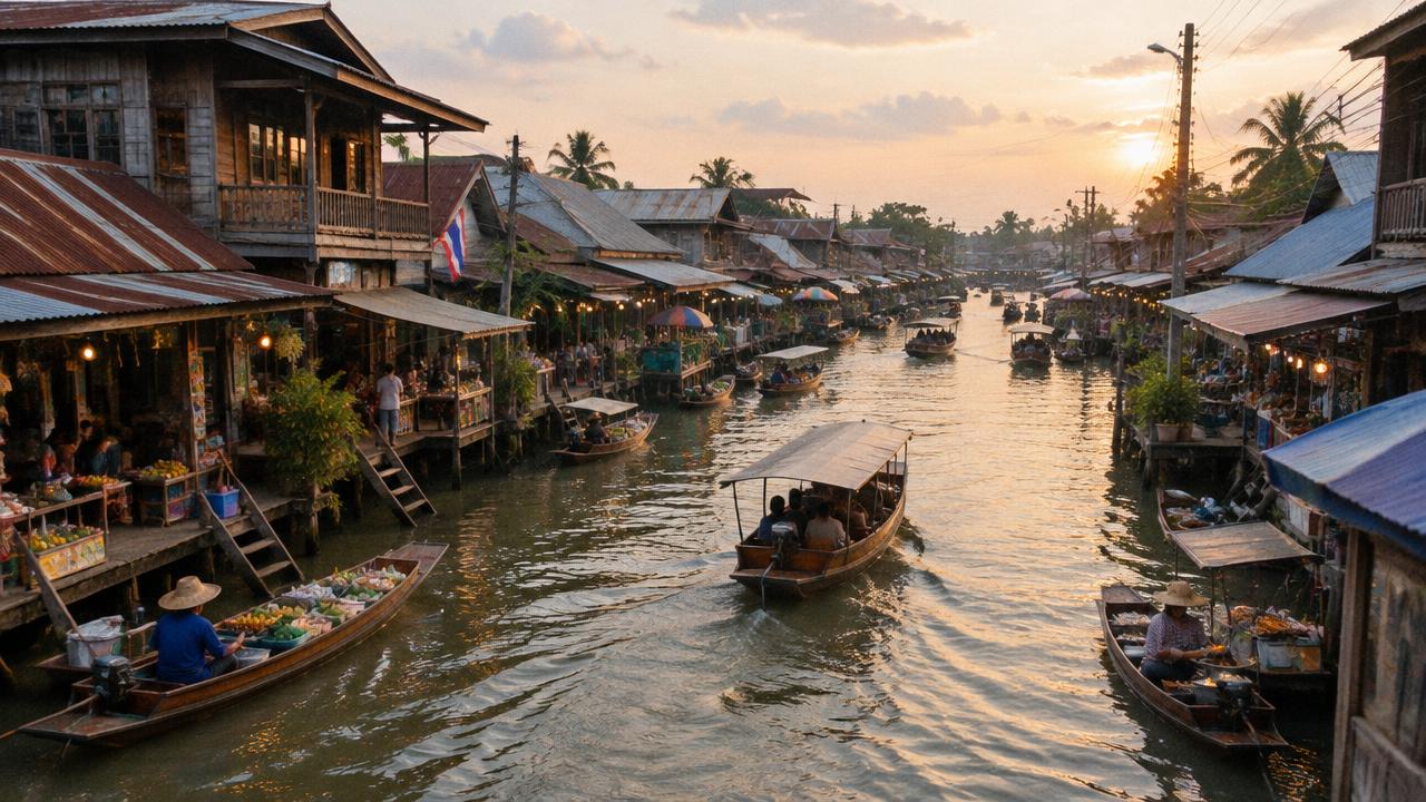 คลองในอัมพวายามเย็น เรือขายอาหารลอยผ่านหน้าบ้านไม้ริมน้ำ