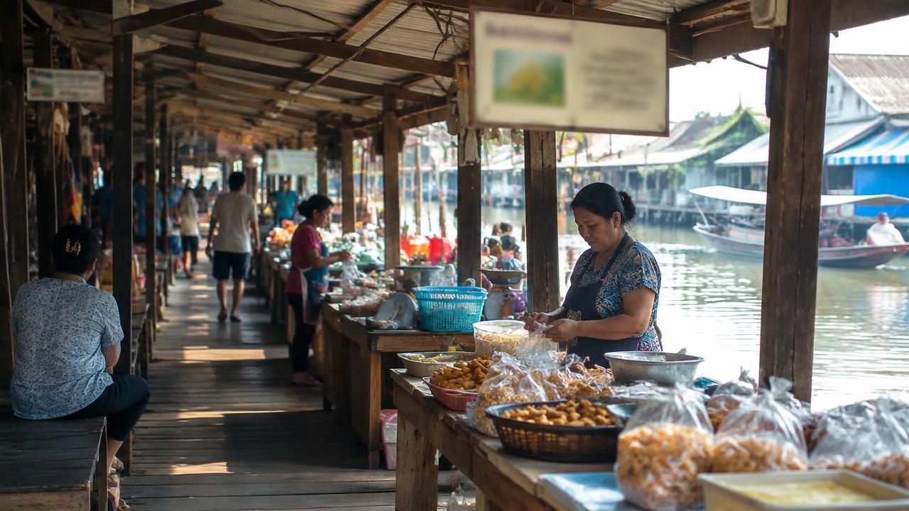 แม่ค้าบรรจุขนมใส่ถุงในตลาดไม้ริมคลอง ยามเช้า