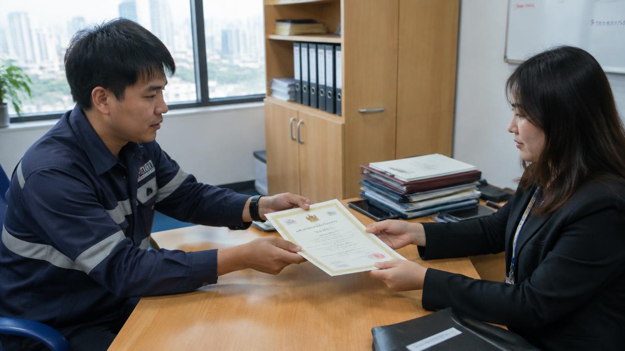 Thai technician handing his certificate to staff before working in Saudi Arabia