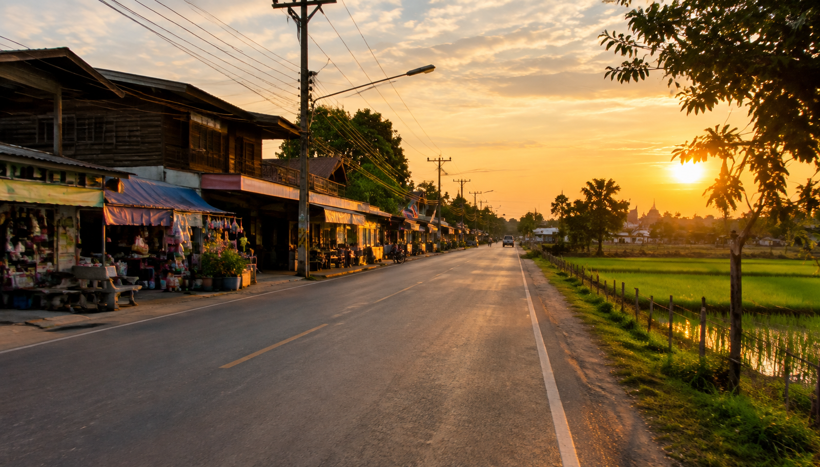 ถนนในตัวเมืองศรีสะเกษยามเย็น มีร้านค้าไม้เก่าและทุ่งนาสองข้างทาง