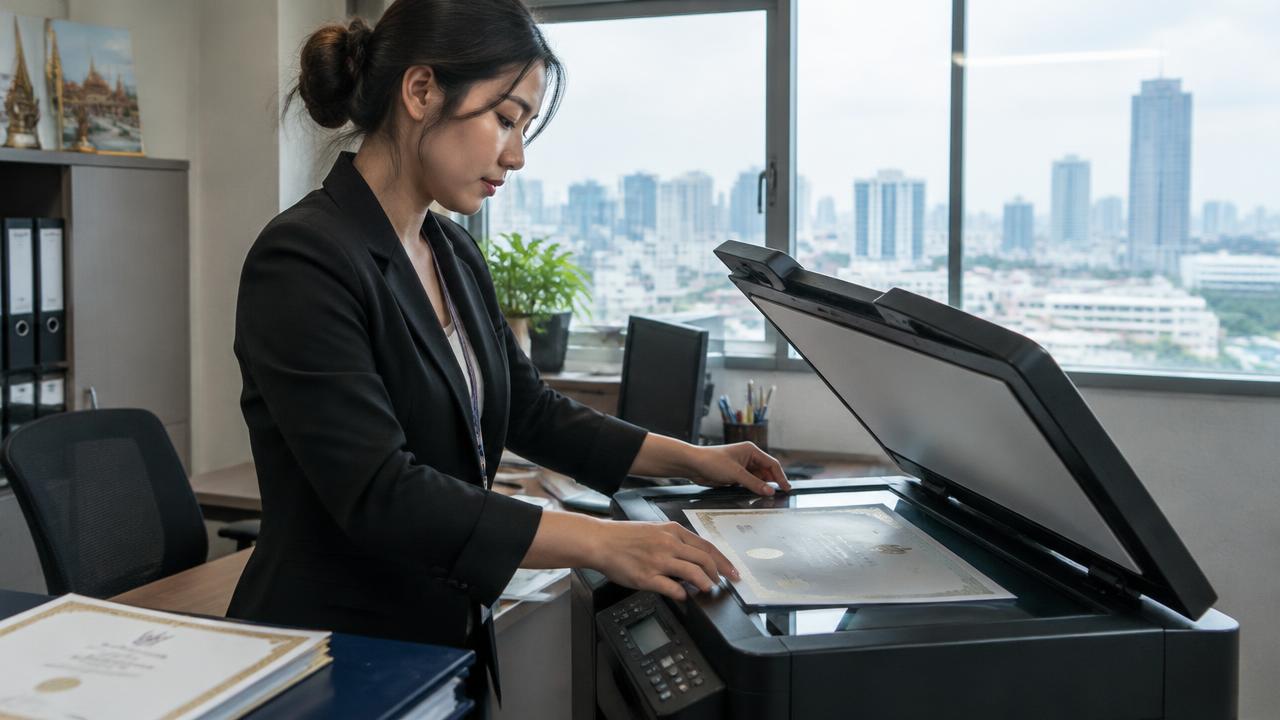 Thai professional scanning certified copies of her degree for an overseas job