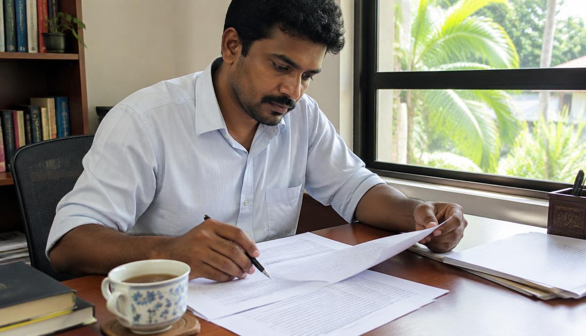 Sinhala documents on a translator's desk