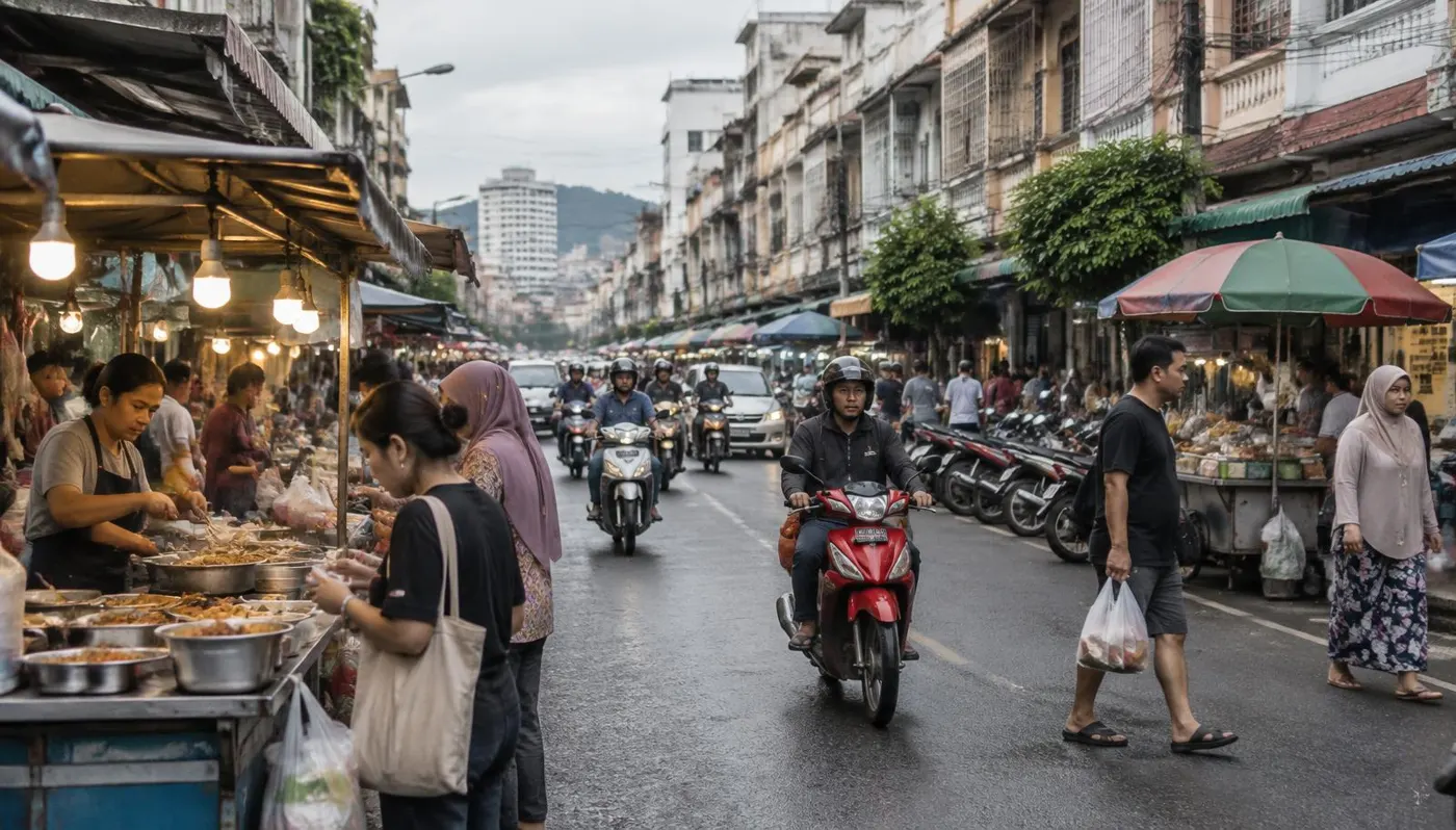ถนนย่านตลาดในตัวเมืองหาดใหญ่ มีแผงอาหารและรถจักรยานยนต์