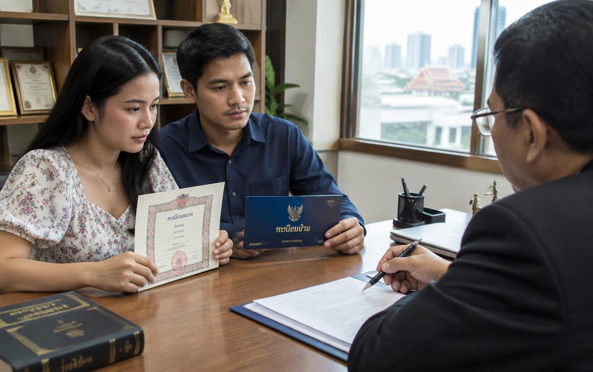 Thai couple with marriage certificate and house registration meeting a lawyer before a South African visa