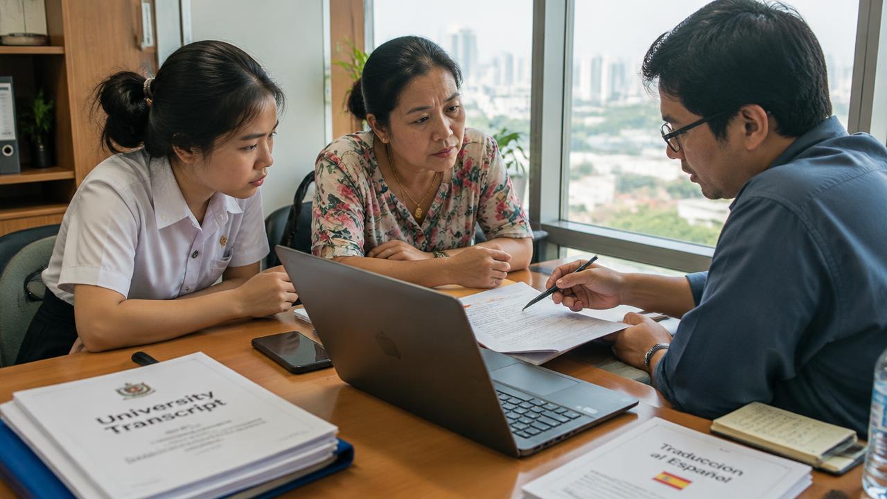 Thai student and her mother checking transcripts and a Spanish translation