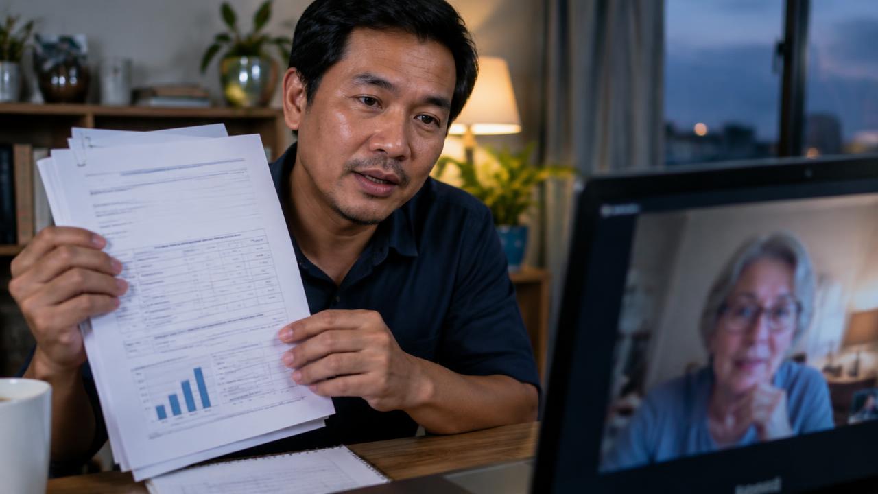 ชายไทยถือเอกสารการเงินชูให้ญาติดูผ่านวิดีโอคอลบนจอคอมพิวเตอร์
