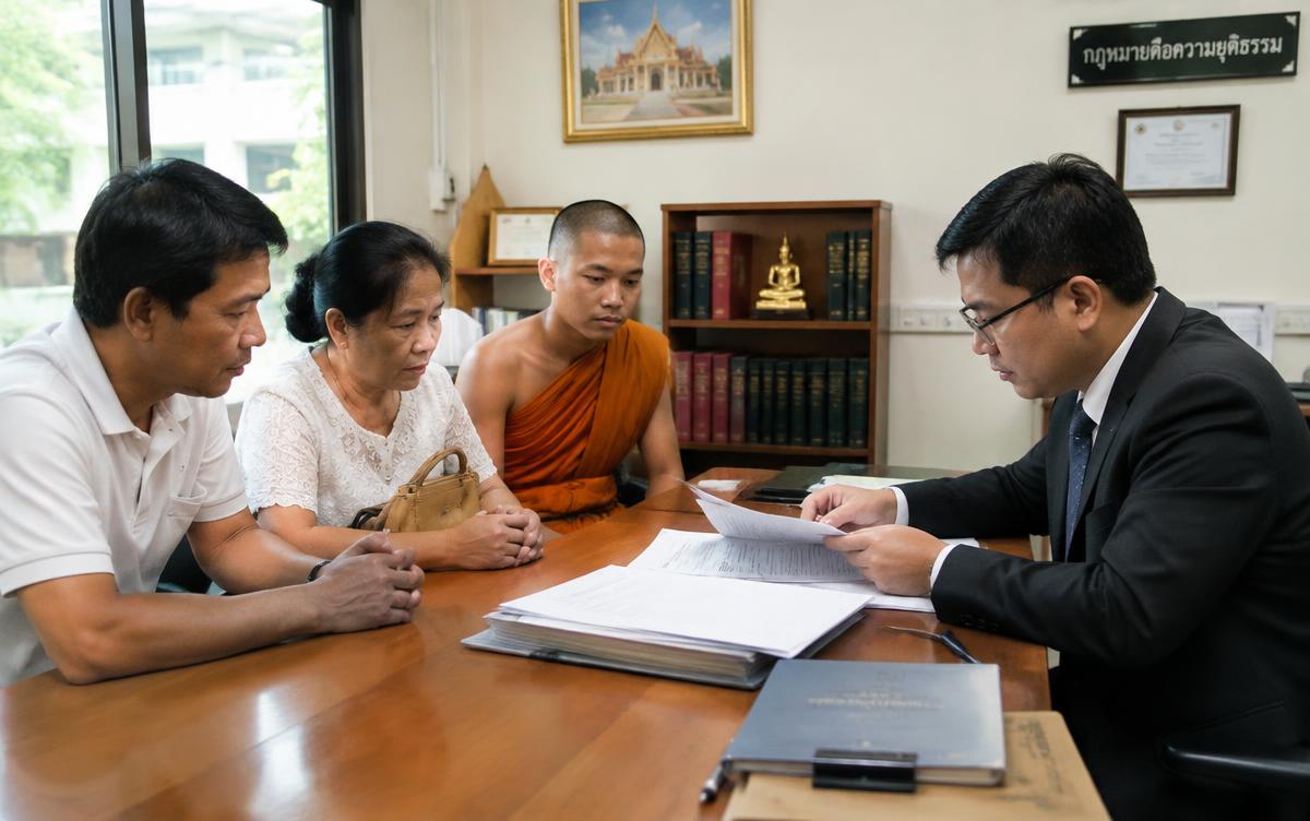 Thai Buddhist family and a monk reviewing documents with a lawyer