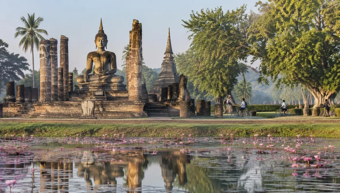 พระพุทธรูปปางมารวิชัยและเสาโบราณริมสระบัว มีนักท่องเที่ยวปั่นจักรยานผ่าน