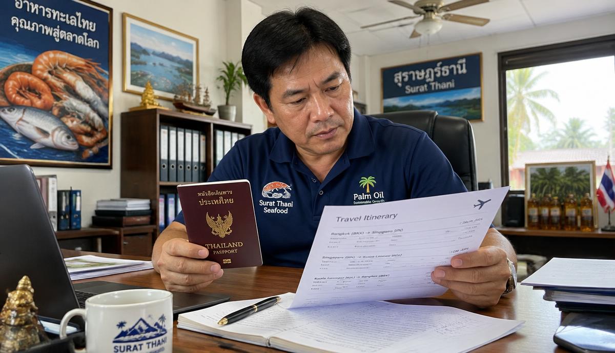 เจ้าของธุรกิจอาหารทะเลและปาล์มน้ำมันในสุราษฎร์ธานีตรวจหนังสือเดินทางและแผนการเดินทาง