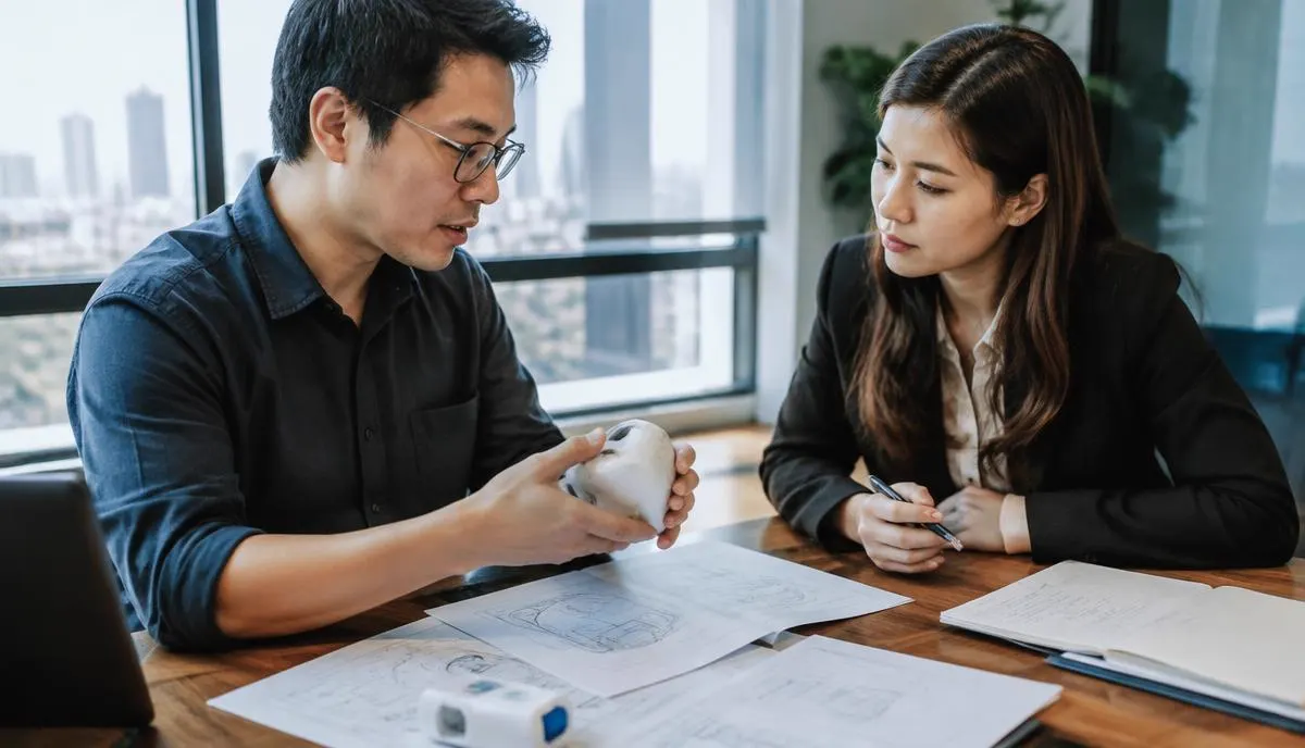 Inventor explaining a prototype and drawings to an IP adviser