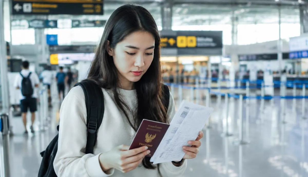หญิงไทยถือหนังสือเดินทางและเอกสารวีซ่าที่สนามบินก่อนเดินทาง