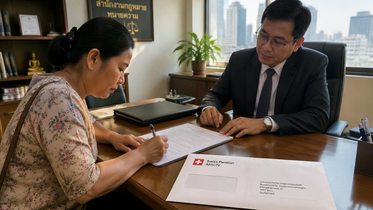 Thai woman signing in front of a lawyer with a Swiss pension letter on the desk