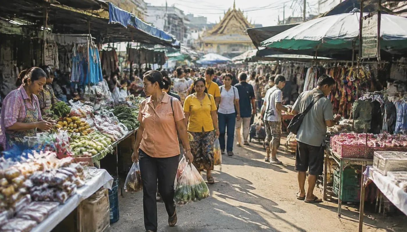 ผู้คนเดินจับจ่ายในตลาดที่มีแผงผักและเสื้อผ้าสองข้างทาง