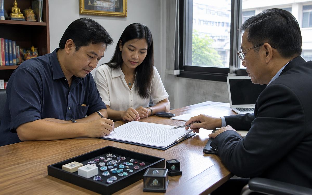 Thai gem-trading couple signing a contract before a lawyer