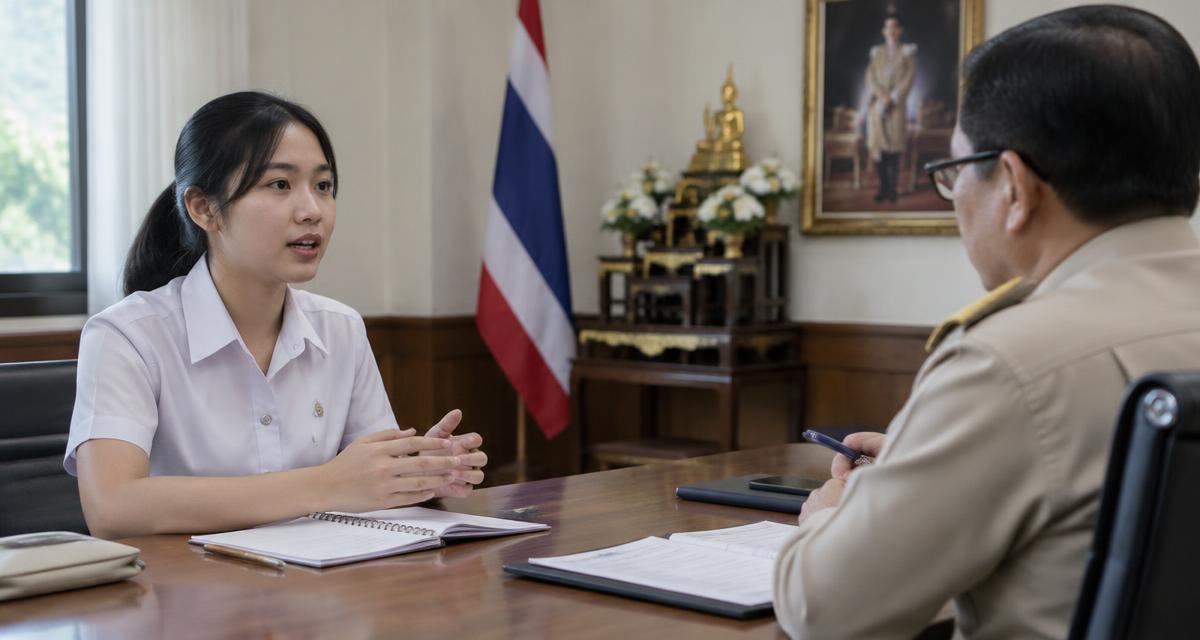ผู้ยื่นคำขอแปลงสัญชาติไทยสนทนาภาษาไทยกับเจ้าหน้าที่ในห้องสัมภาษณ์ของหน่วยงานราชการ