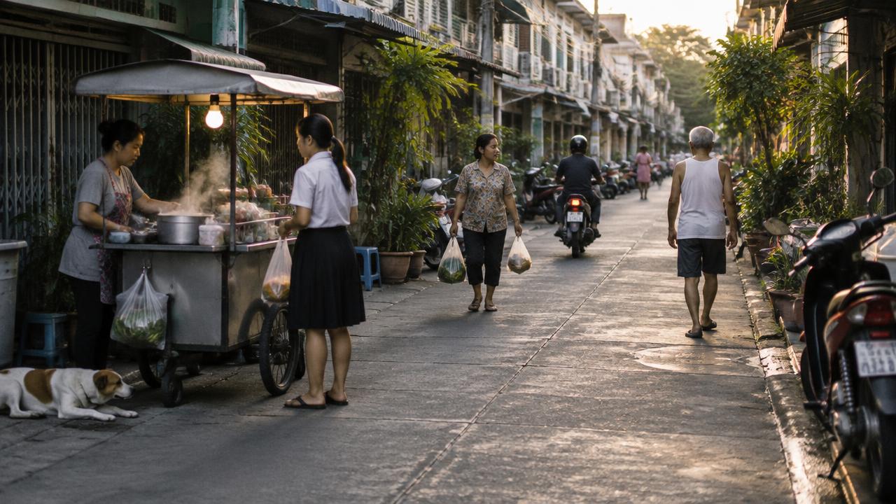 ร้านอาหารรถเข็นและชาวบ้านเดินจับจ่ายในซอยตึกแถวเขตธนบุรียามเย็น