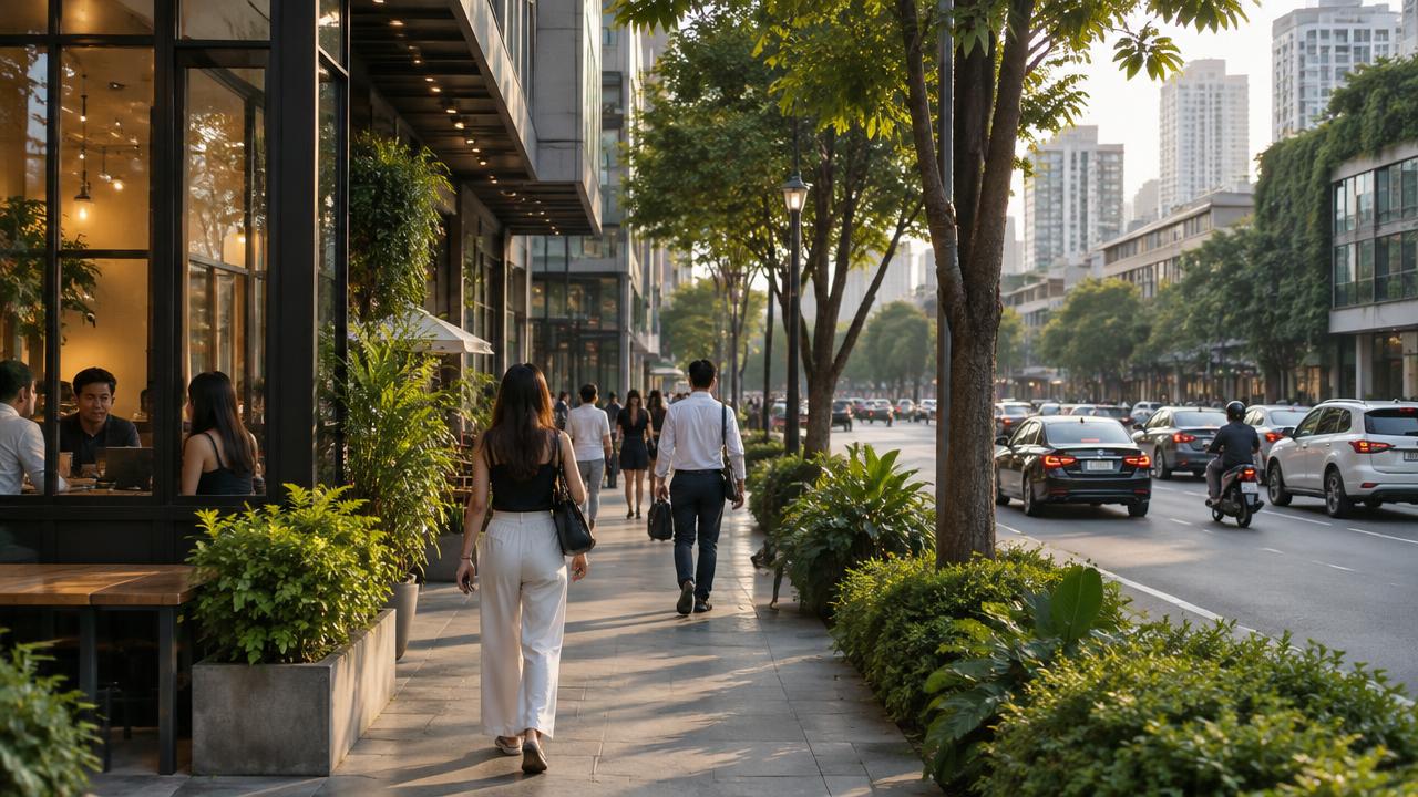 คนทำงานเดินริมถนนที่มีสำนักงานและอาคารพักอาศัยในย่านทองหล่อ