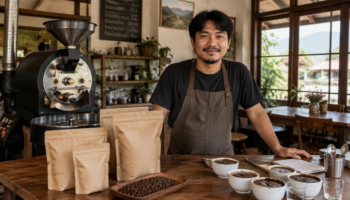 Coffee roaster owner standing beside a roasting machine with unlabeled kraft coffee bags