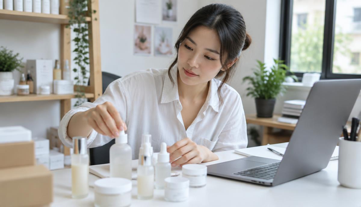 Skincare brand owner arranging unlabeled product bottles on a work desk