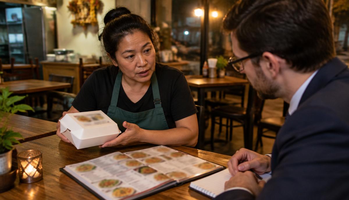 Restaurant owner bringing food boxes and a menu to consult a lawyer about registering the restaurant name