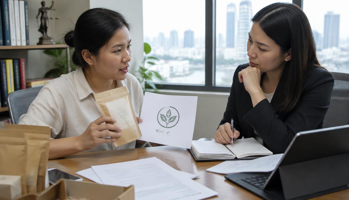 Brand owner reviewing packaging with a lawyer before filing a Madrid trademark designation for European Union