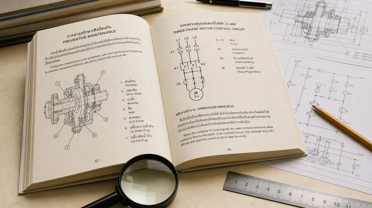 แปลเอกสารเทคนิคสองภาษาไทย-อังกฤษ — คู่มือวิศวกรรมพร้อมแผนผังวงจรและแว่นขยาย