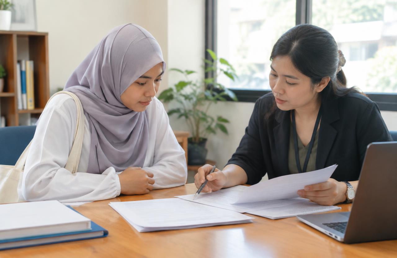 Thai Muslim student reviewing scholarship documents with a translator