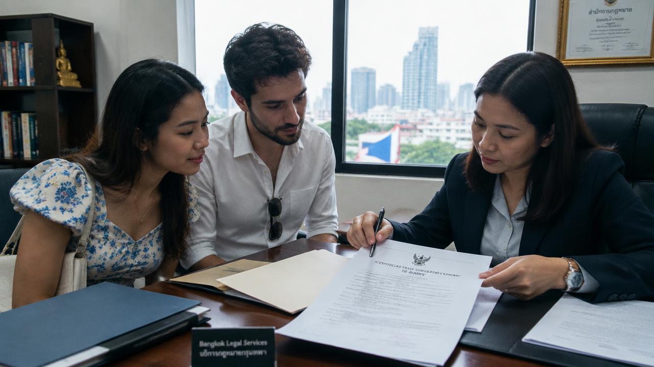 Thai-Turkish couple checking a single-status certificate with a lawyer