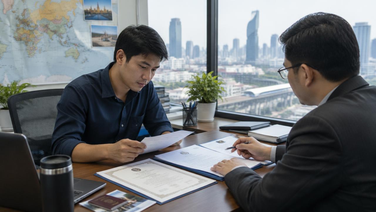 Thai engineer reviewing his degree and job offer with a consultant