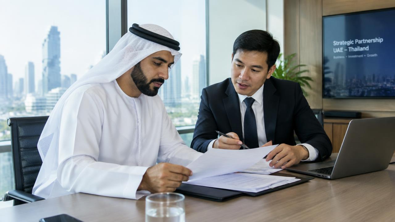 UAE businessperson signing company documents with a lawyer