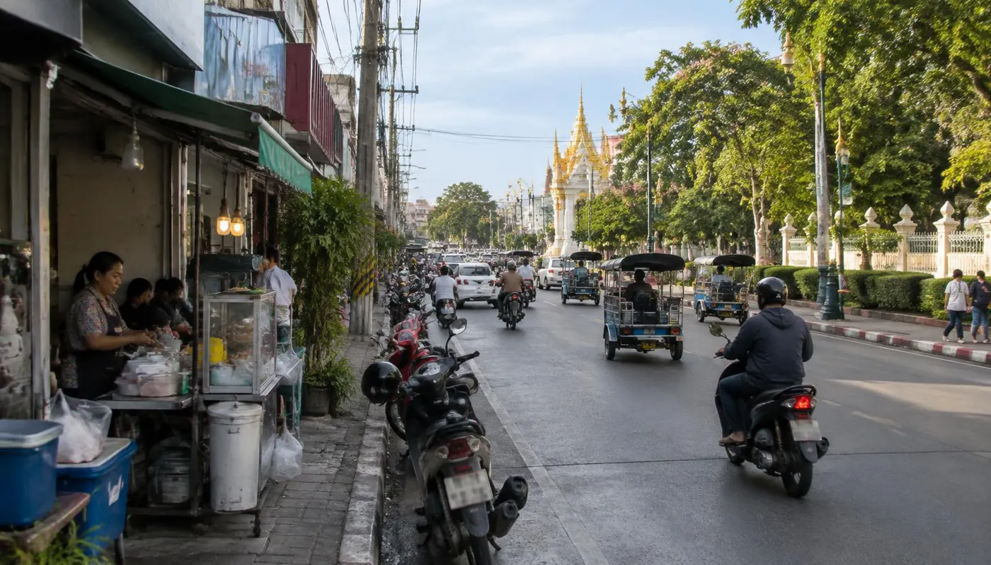 ถนนในตัวเมืองอุดรธานีช่วงเช้า มีร้านค้า รถตุ๊กตุ๊ก และรถจักรยานยนต์