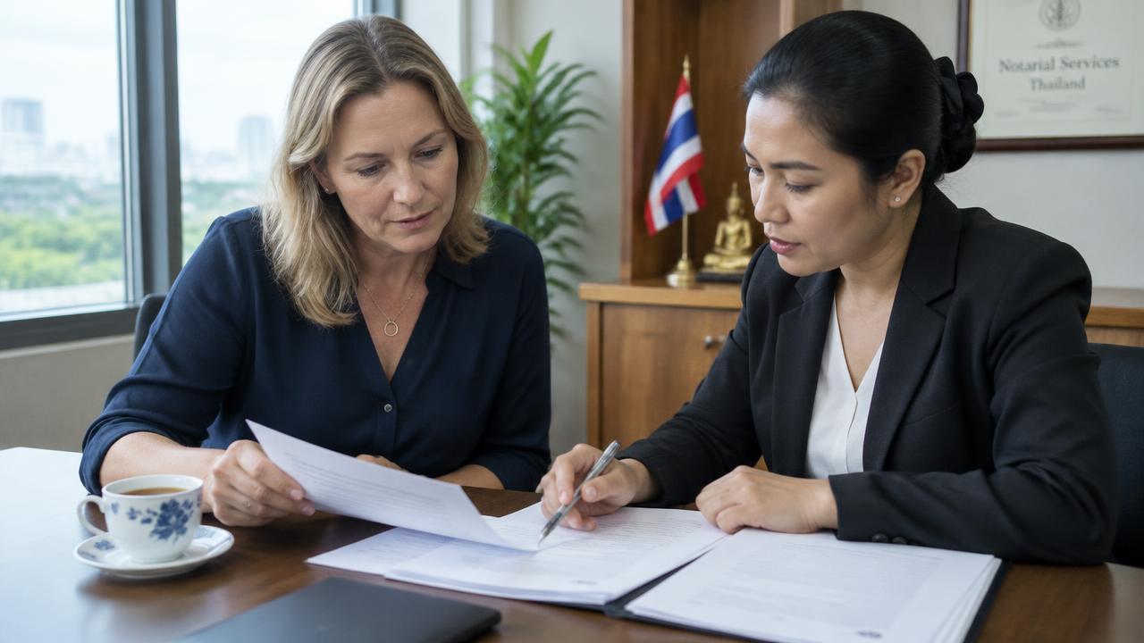 British woman reviewing property transfer papers with a Thai notarial attorney