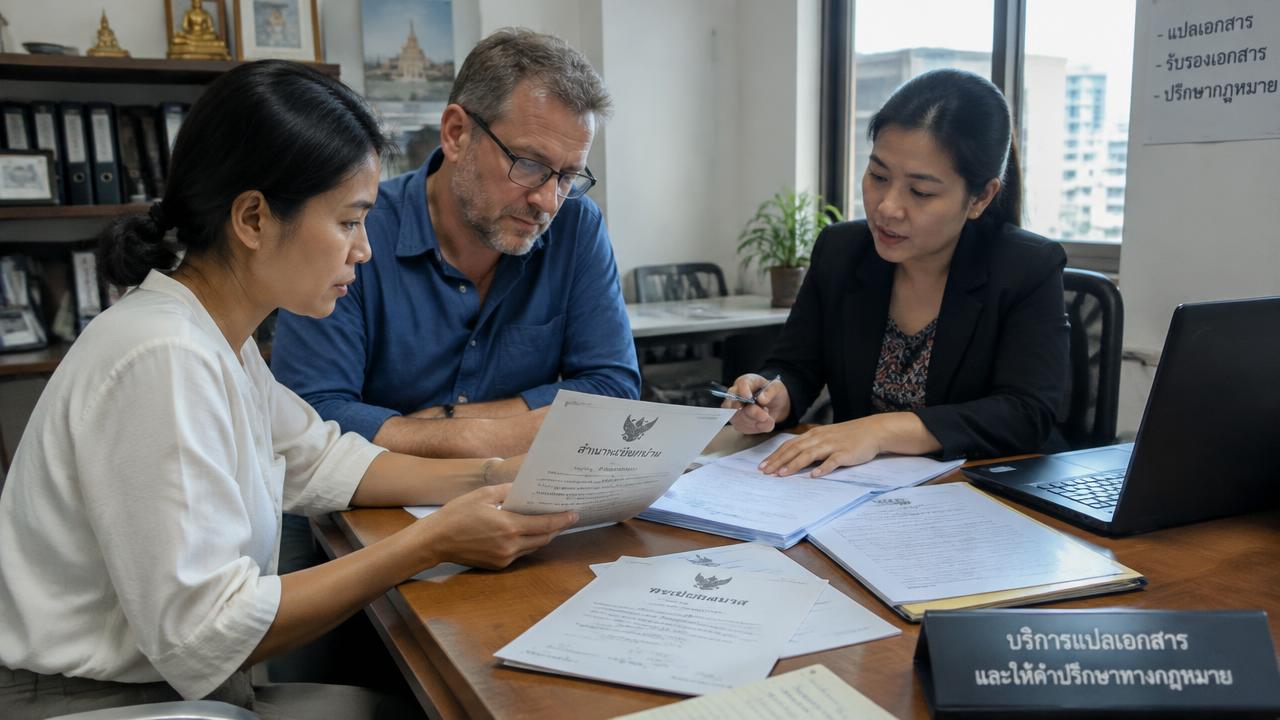 Thai-British couple reviewing translated household and marriage records