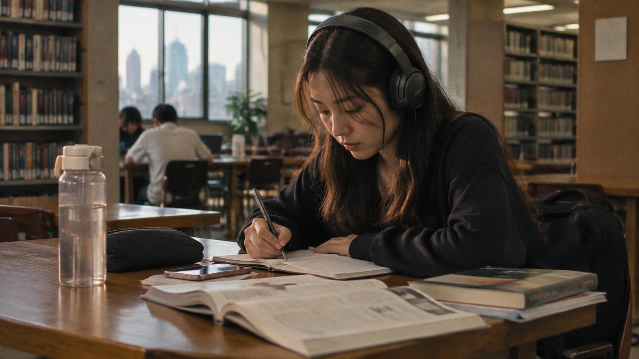 หญิงสาวชาวไทยสวมหูฟังเตรียมสอบภาษาอังกฤษในห้องสมุด