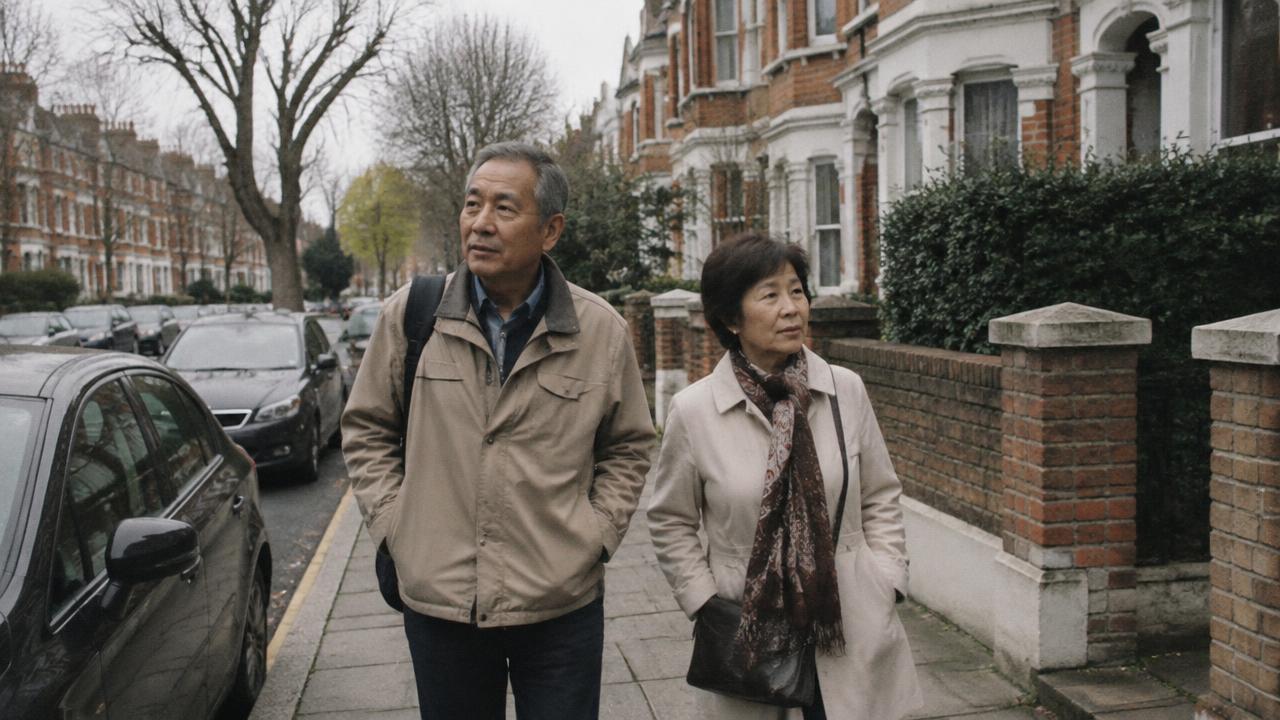 คู่สามีภรรยาชาวไทยวัยเกษียณเดินบนถนนย่านที่พักอาศัยในลอนดอนวันฟ้าครึ้ม