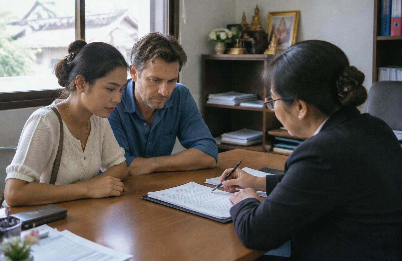 Thai-foreign couple signing a power of attorney before a lawyer