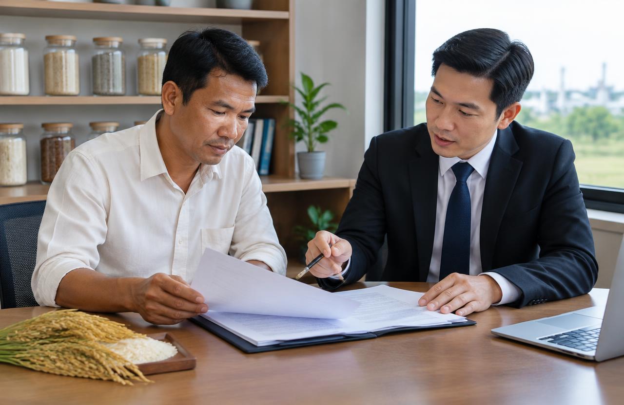 Thai rice exporter reviewing a contract with a lawyer
