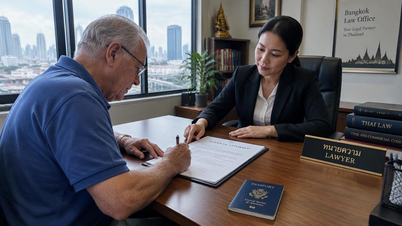 American retiree signing a power of attorney in front of a Thai lawyer in Bangkok