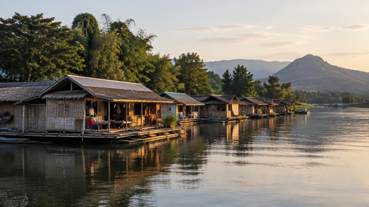 เรือนแพไม้เรียงริมแม่น้ำสะแกกรัง จังหวัดอุทัยธานี ยามเย็น เงาสะท้อนบนผิวน้ำนิ่ง