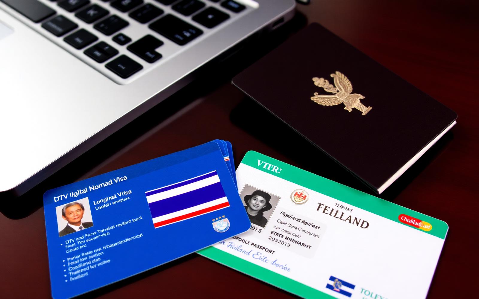 Thailand DTV LTR Elite Visa — บัตรวีซ่า DTV Digital Nomad บัตร LTR และ Thailand Elite membership card พร้อมพาสปอร์ตและแล็ปท็อป