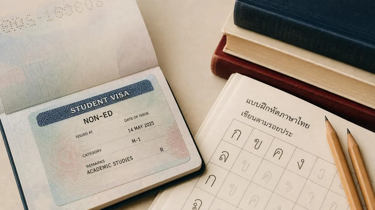 Non-ED Student Visa สำหรับต่างชาติเรียนในไทย — passport พร้อม visa sticker กับสมุดฝึกเขียนภาษาไทย ก ข ค